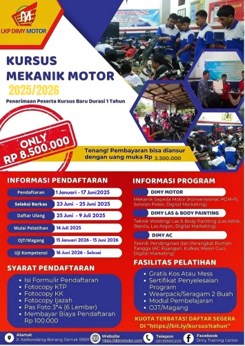 Kursus Mekanik Sepeda Motor Demak (1 Tahun) LKP Dimy Motor